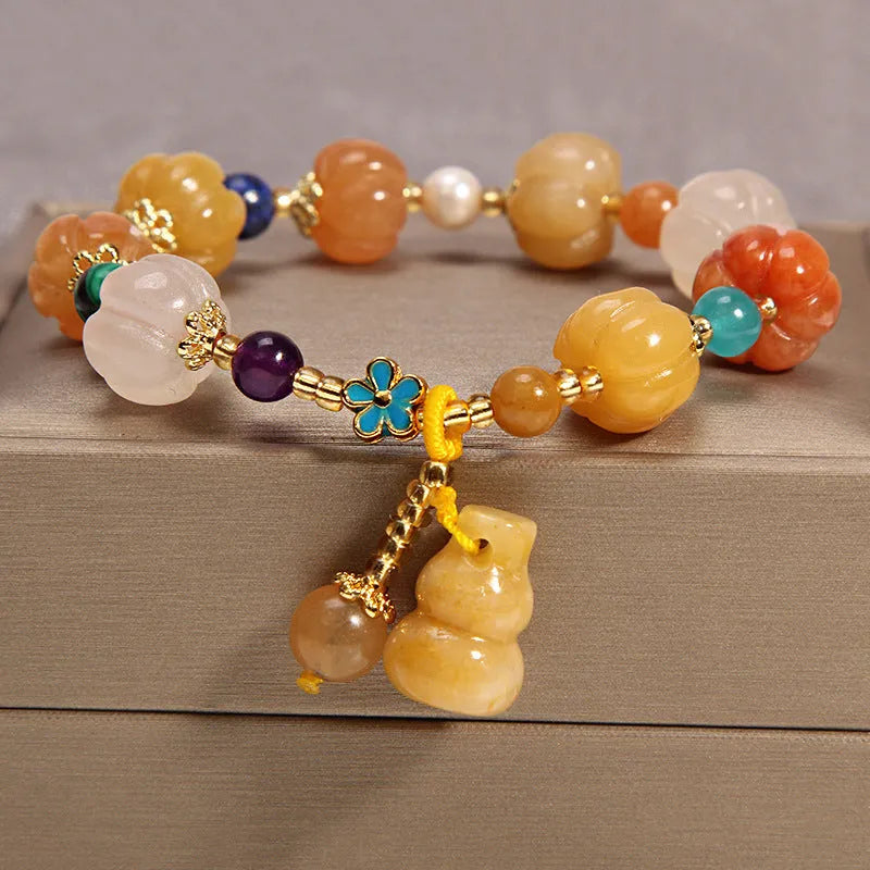 Yellow agate crystal bracelet with gold silk threading for women in khaki colour