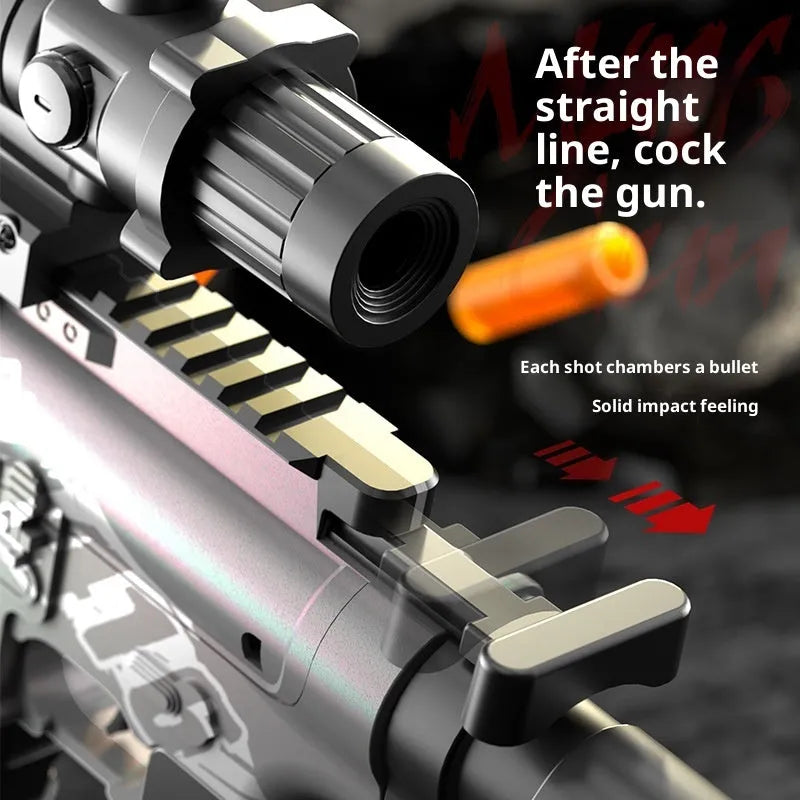 M416 toy soft bullet gun in sand colour with manual bolt throwing shell, plastic construction, includes accessories.