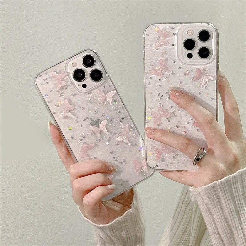 Transparent TPU iPhone 13 Pro Max case with three-dimensional dream pink butterfly back cover