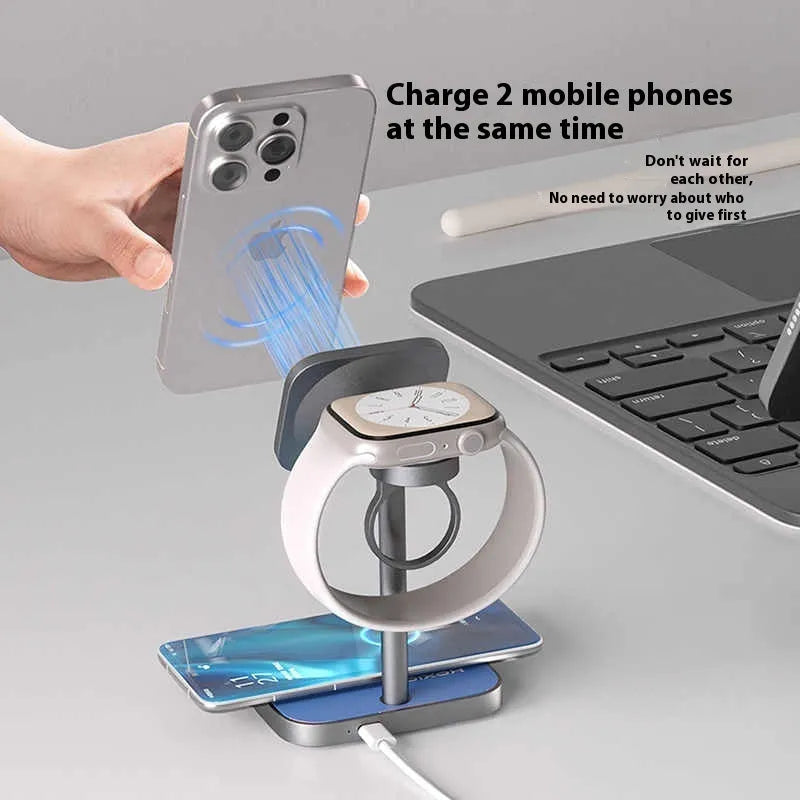 Three-in-one magnetic wireless charger with aluminium alloy body in black, red blue, or silver grey colour options.