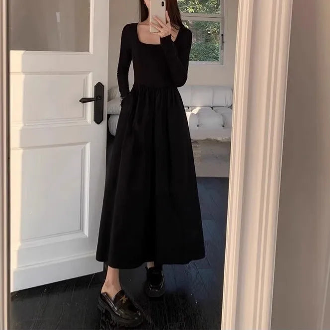 Women's black square collar knitted dress with long sleeves and an elastic A-line waist