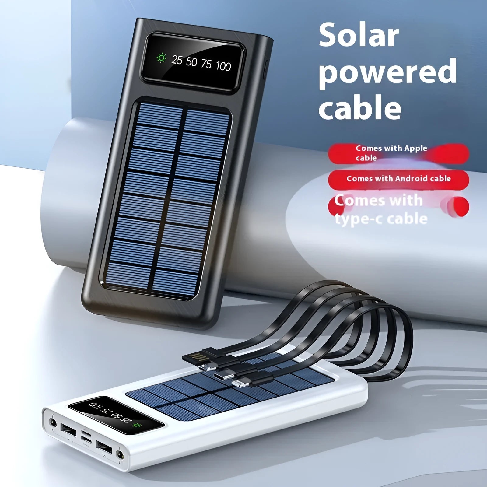 Solar power bank with four attached charging cables in black or white colour options