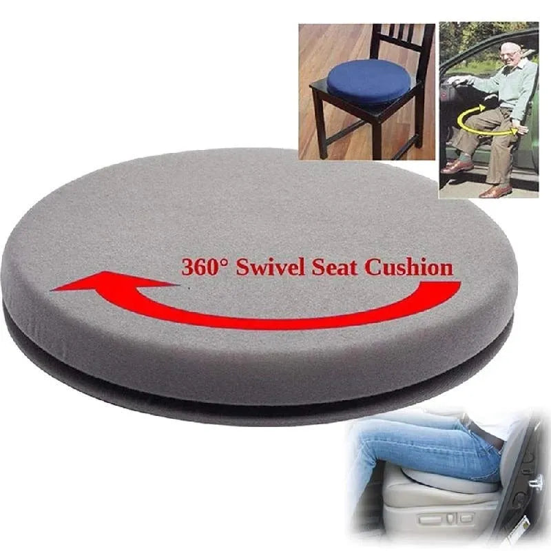 360-degree rotating car seat cushion with non-slip base for elderly passenger assistance.