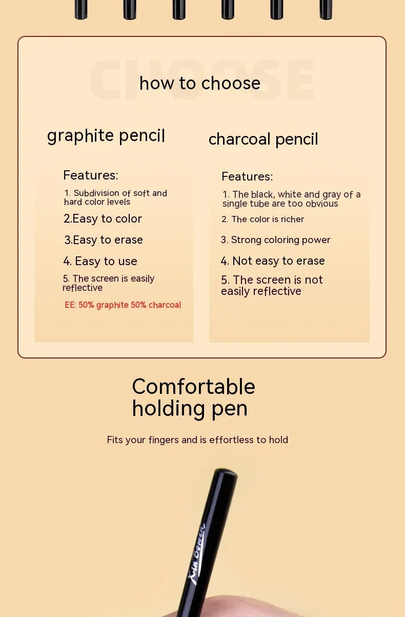 Six wood-free graphite sketching pencils showing different hardness grades HB 2B 4B 6B 8B EE