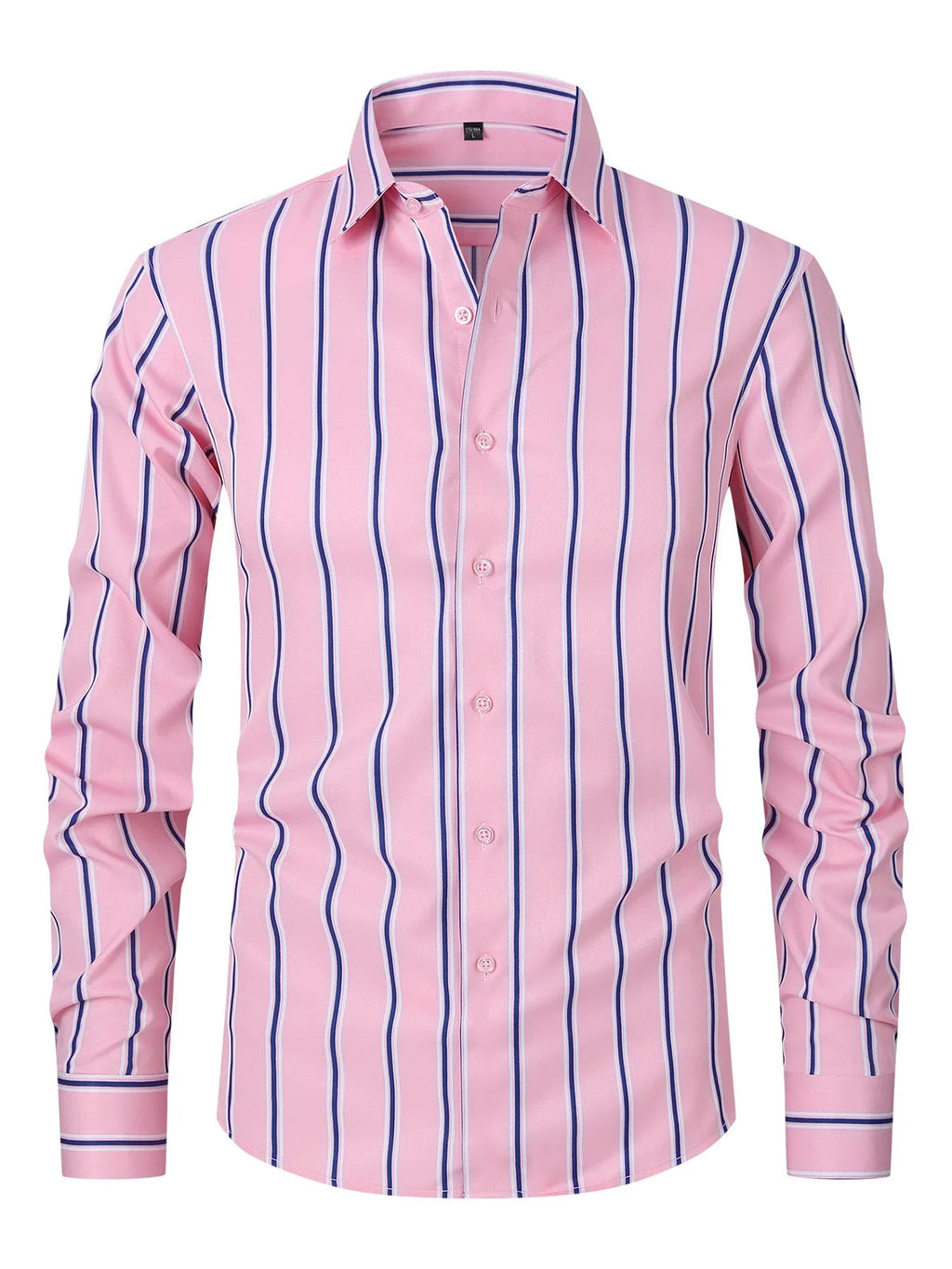 Men's striped long sleeve slim fit business shirt in a polyester blend fabric on a hanger.