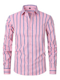 Men's striped long sleeve slim fit business shirt in a polyester blend fabric on a hanger.