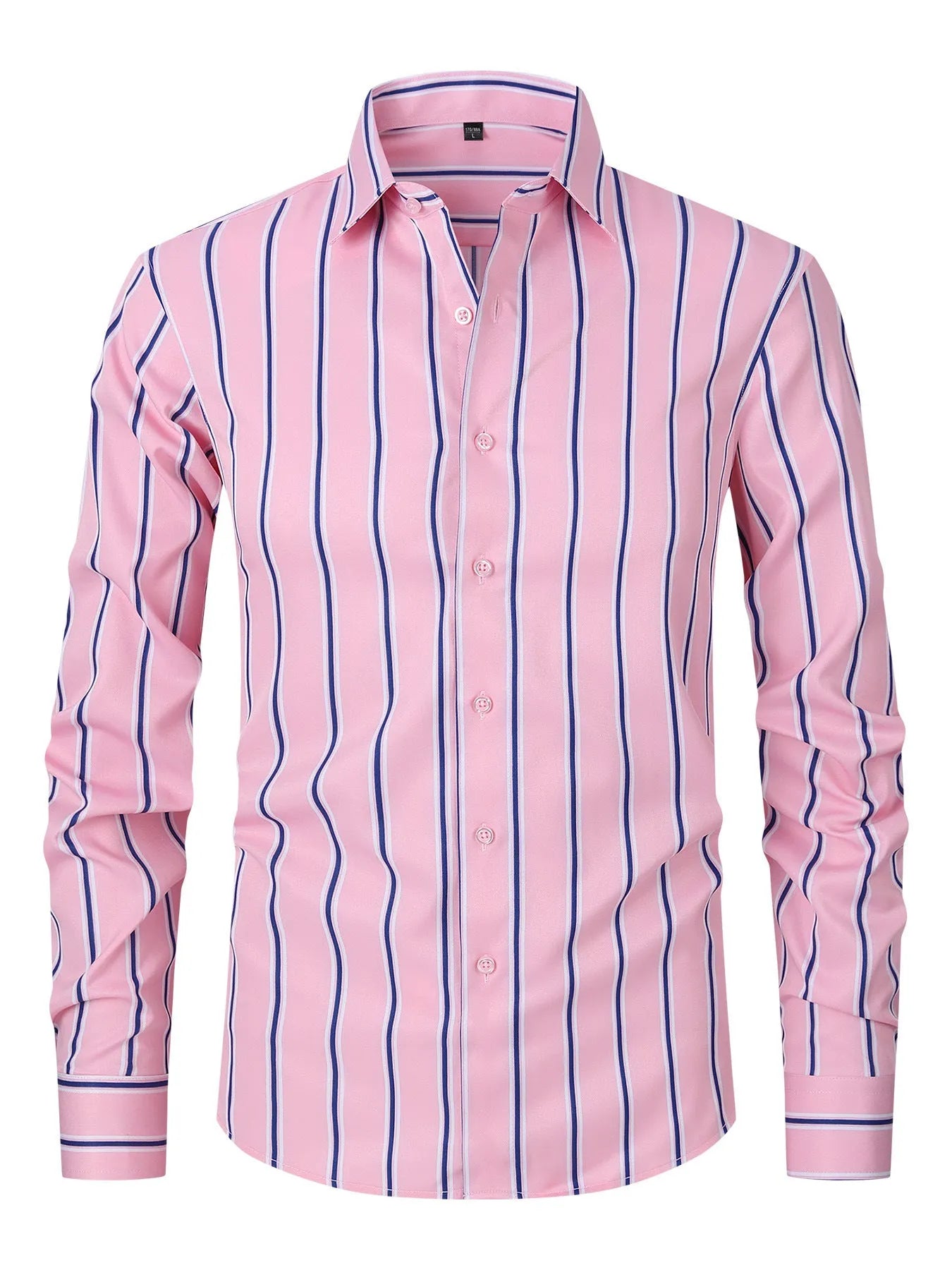 Men's striped long sleeve slim fit business shirt in a polyester blend fabric on a hanger.
