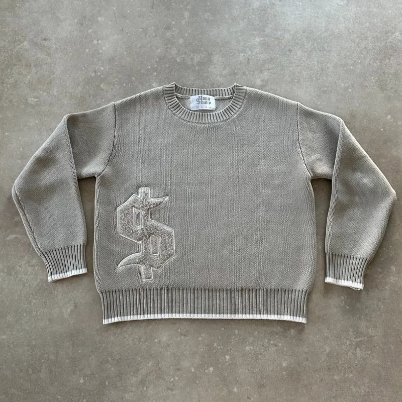 Grey jacquard loose-fitting knitwear coat with long sleeves for autumn winter wear