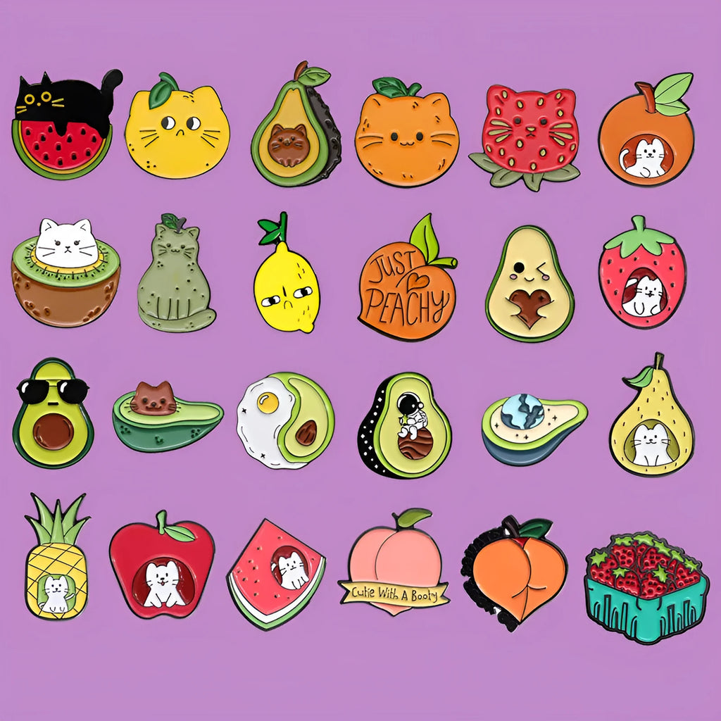 Colourful cartoon fruit design on a zinc alloy letter-shaped brooch pin.