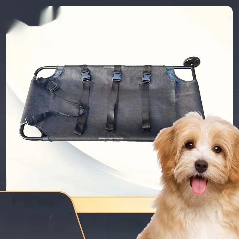 Black foldable aluminium pet stretcher for emergency dog transport with carrying handles