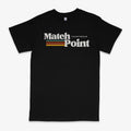 Black men's t-shirt with a digital printed text pattern, showing short sleeves and a round neck.