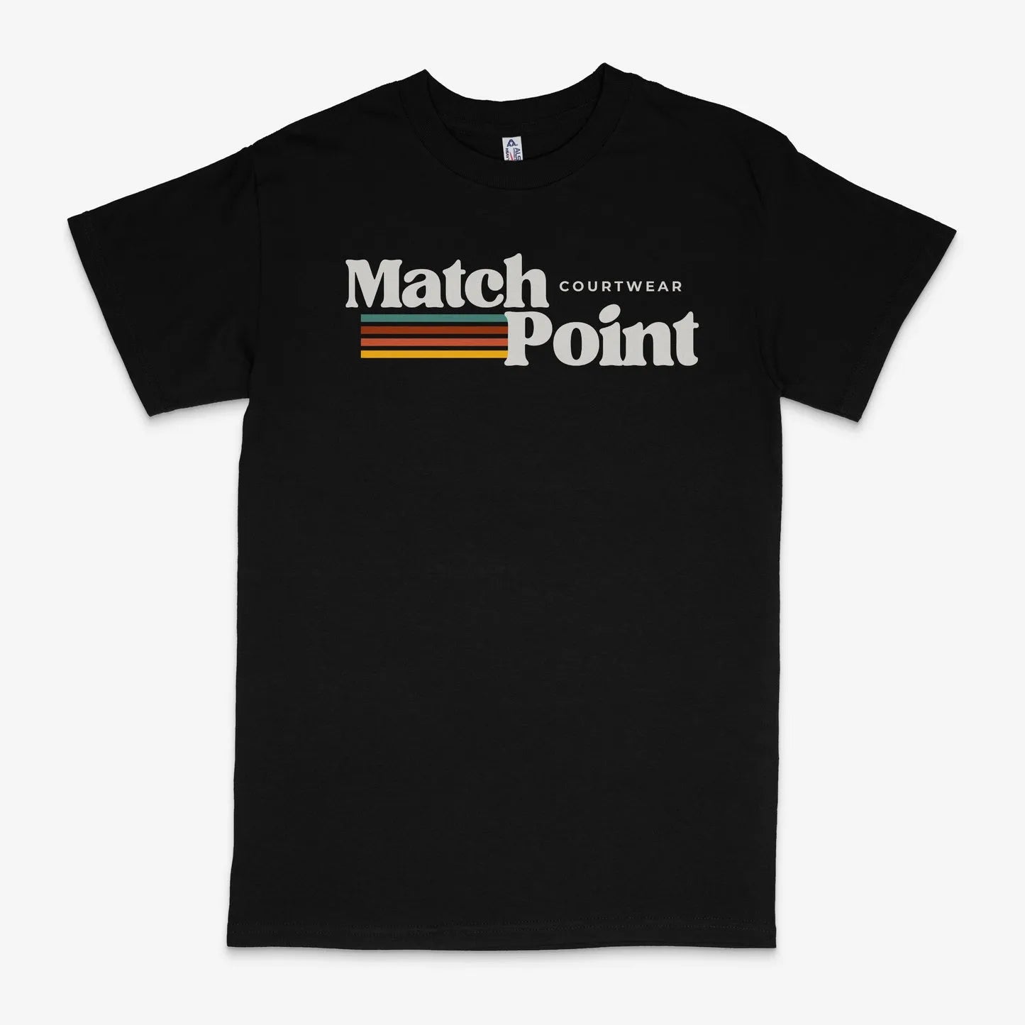 Black men's t-shirt with a digital printed text pattern, showing short sleeves and a round neck.