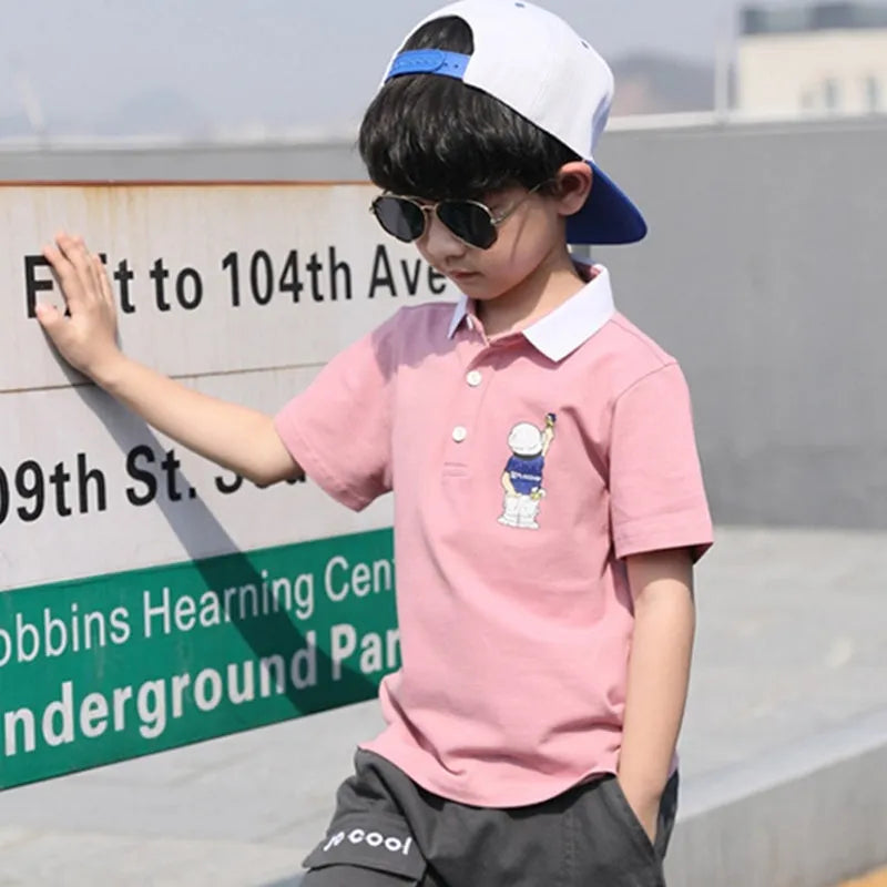 Boys summer cotton short-sleeved suit set with cartoon pattern in khaki, pullover design, sizes 110-160cm