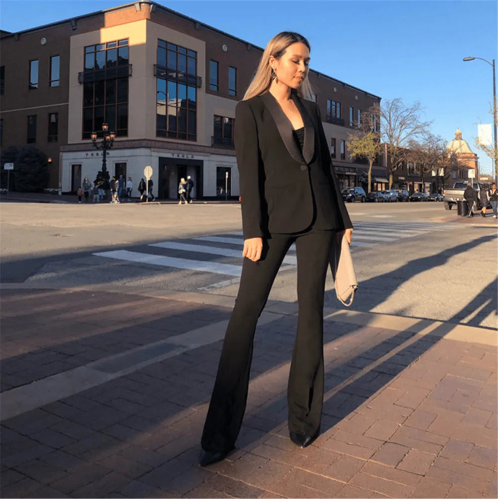 High waist black flared pants for ladies made from cotton blend fabric, available in multiple sizes