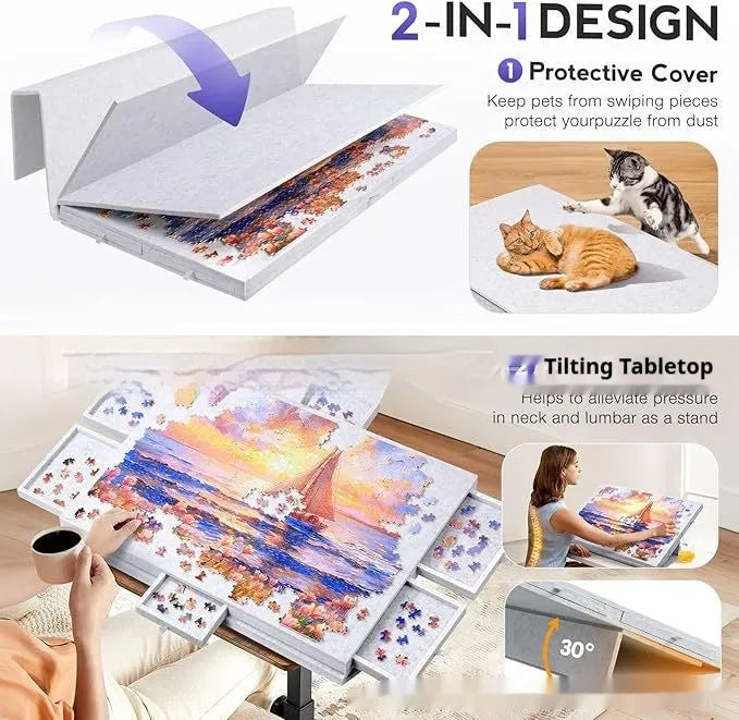 Portable puzzle table board with felt surface, six drawers, bracket cover, silver grey or dark grey