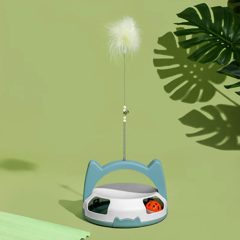 Cat stick toy with spinning ball and feather attachments in multiple colour options