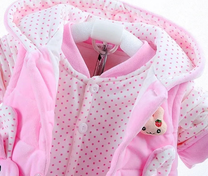 Baby girls' pink flannel three-piece autumn winter clothing set with jacket, pants, and vest.