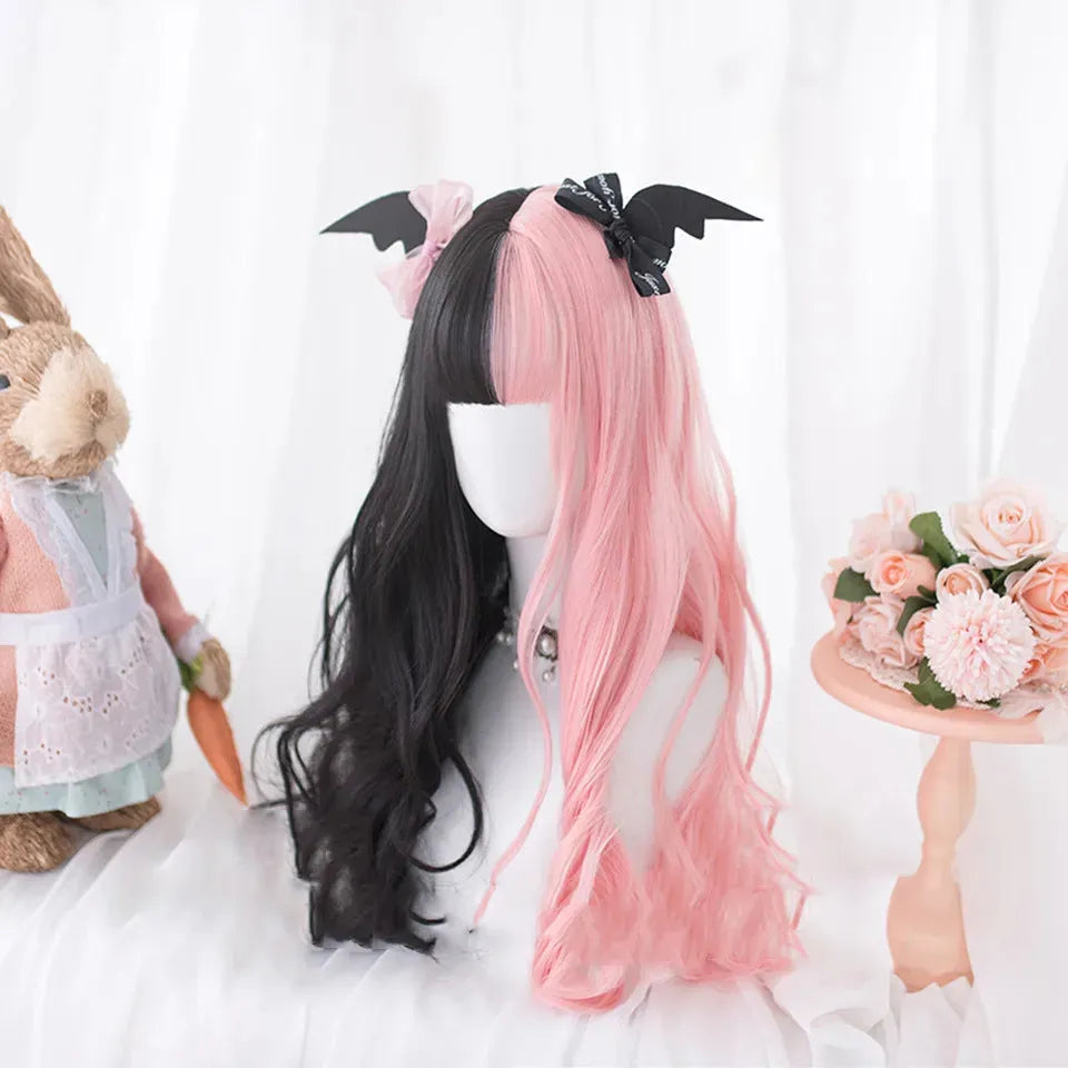Black pink long curly Harajuku Lolita cosplay wig with bangs on display