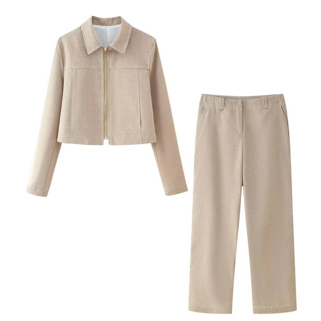 Women's summer suit set with 3D herringbone pattern jacket and straight-leg trousers