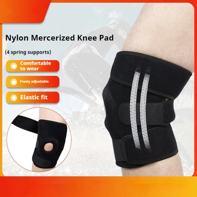 Spring support sports knee pad on a knee, showing nylon mercerised cloth construction.