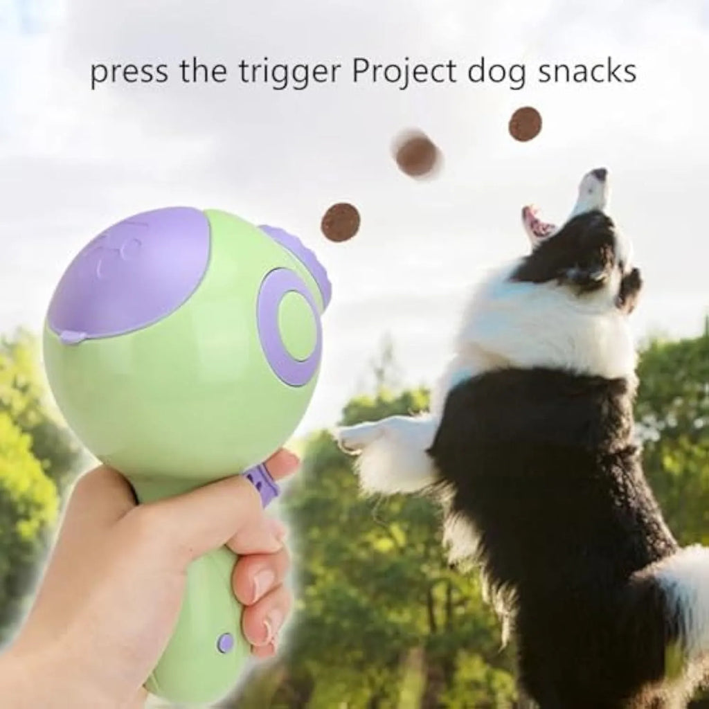 Green, orange, and pink plastic interactive dog treat launcher and slow feeder toy.