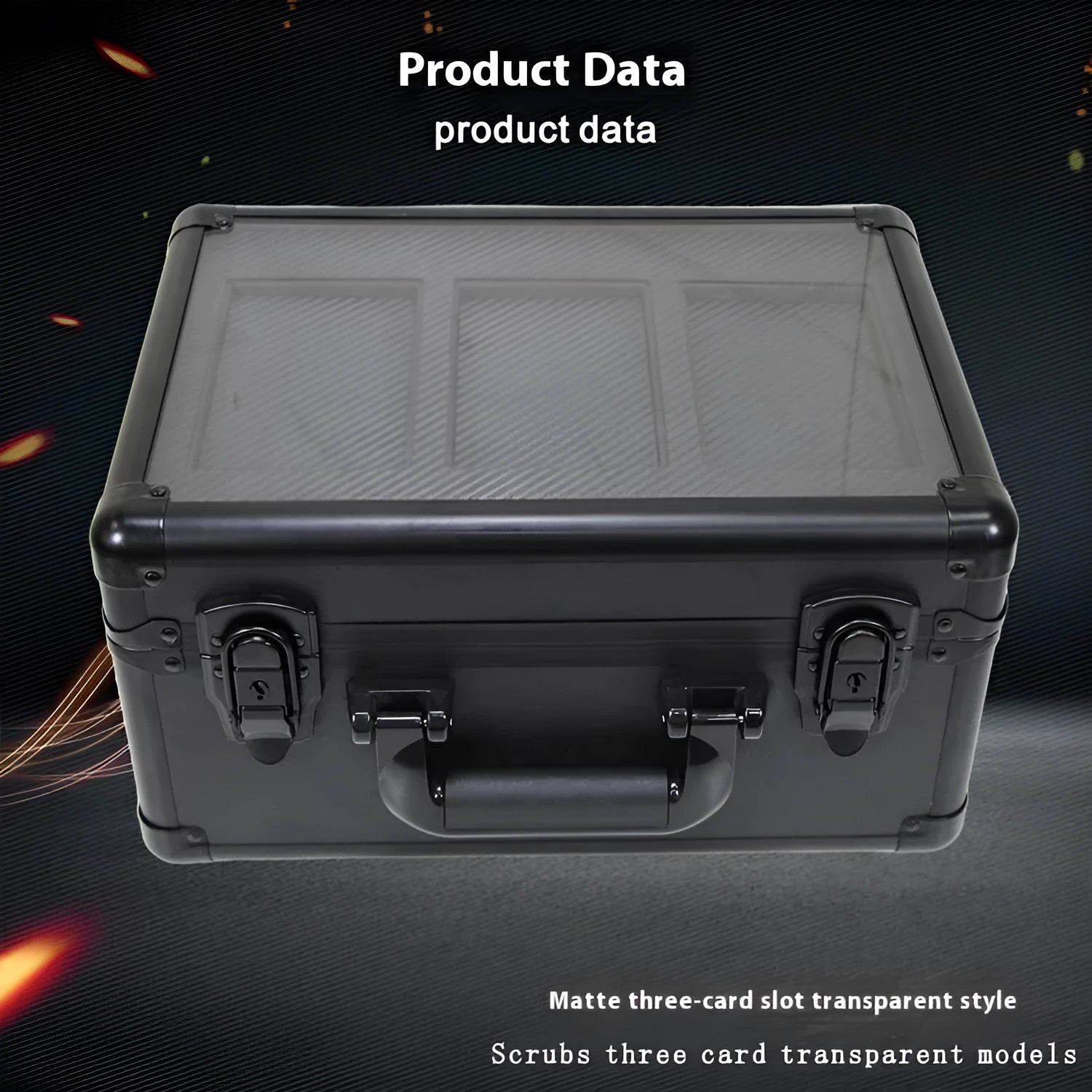 Black aluminium alloy brick card storage box with closed lid and metal frame; compact protective case for cards.