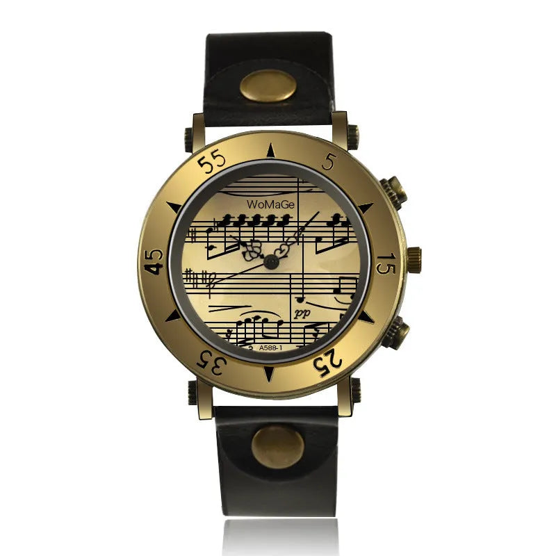 Men's music symbol fashion watch showing music notation design on dial in available colour options