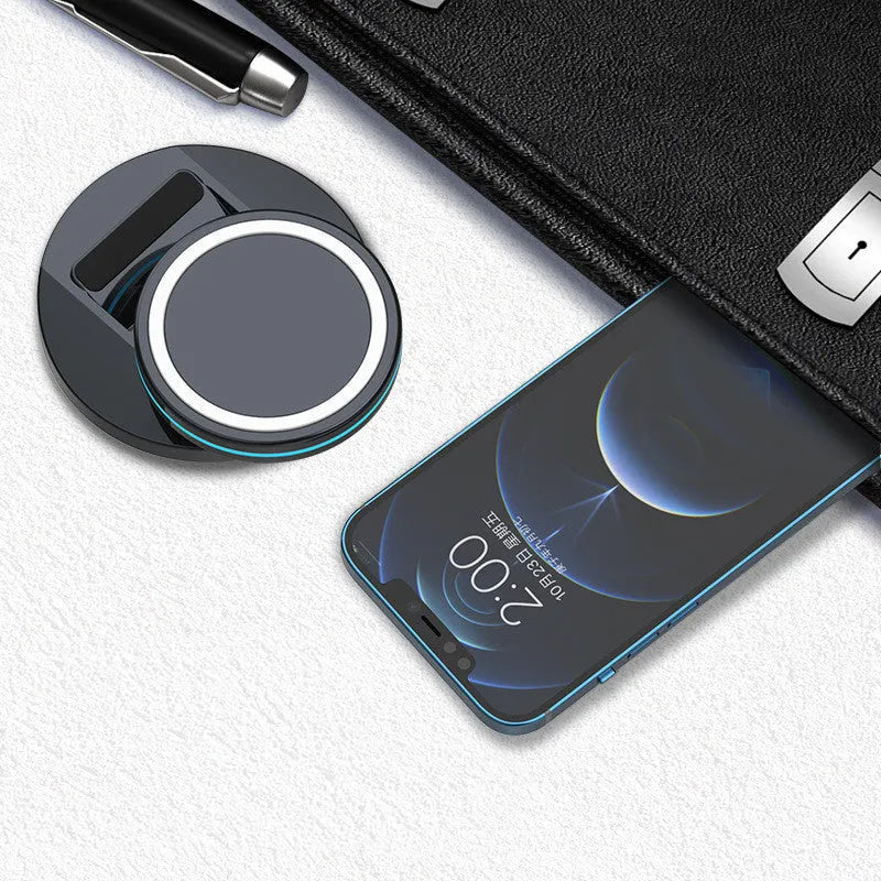 Folding magnetic wireless charging stand for iPhone 12 showing collapsed and extended positions