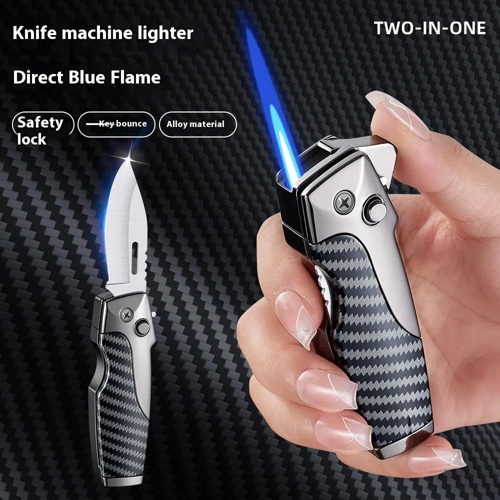 Metal folding lighter in a closed position, showing one of twelve available finishes such as wood grain or carbon fibre.