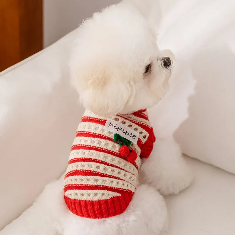 Red and white knitted pet sweater with cut-out detail and 3D cherry embroidery for small dogs and cats