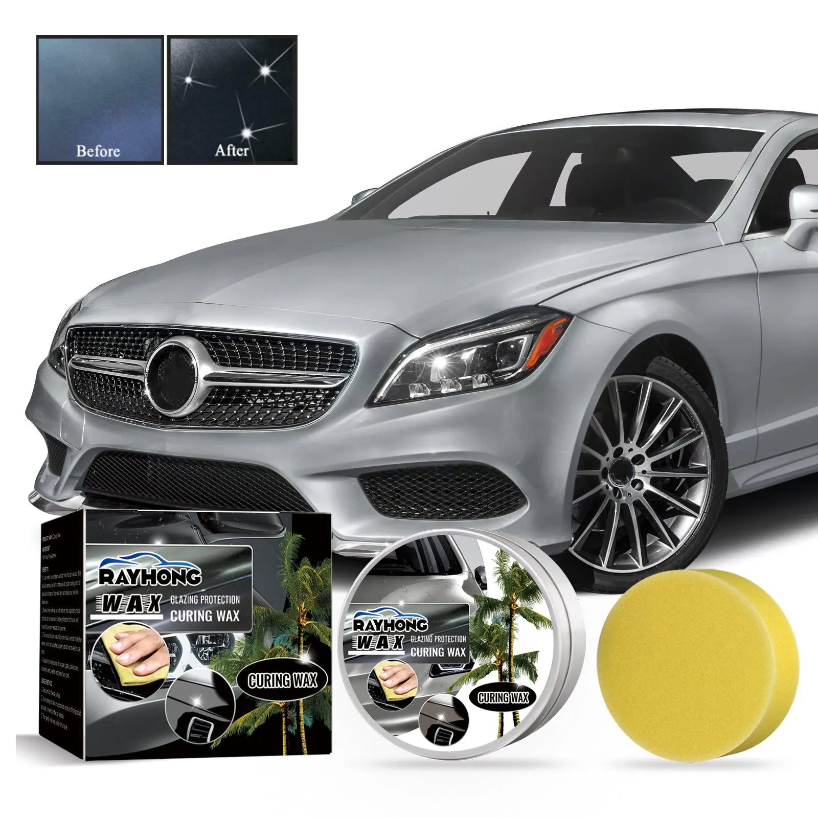 100g car coating wax tin and square sponge applicator for paint protection.