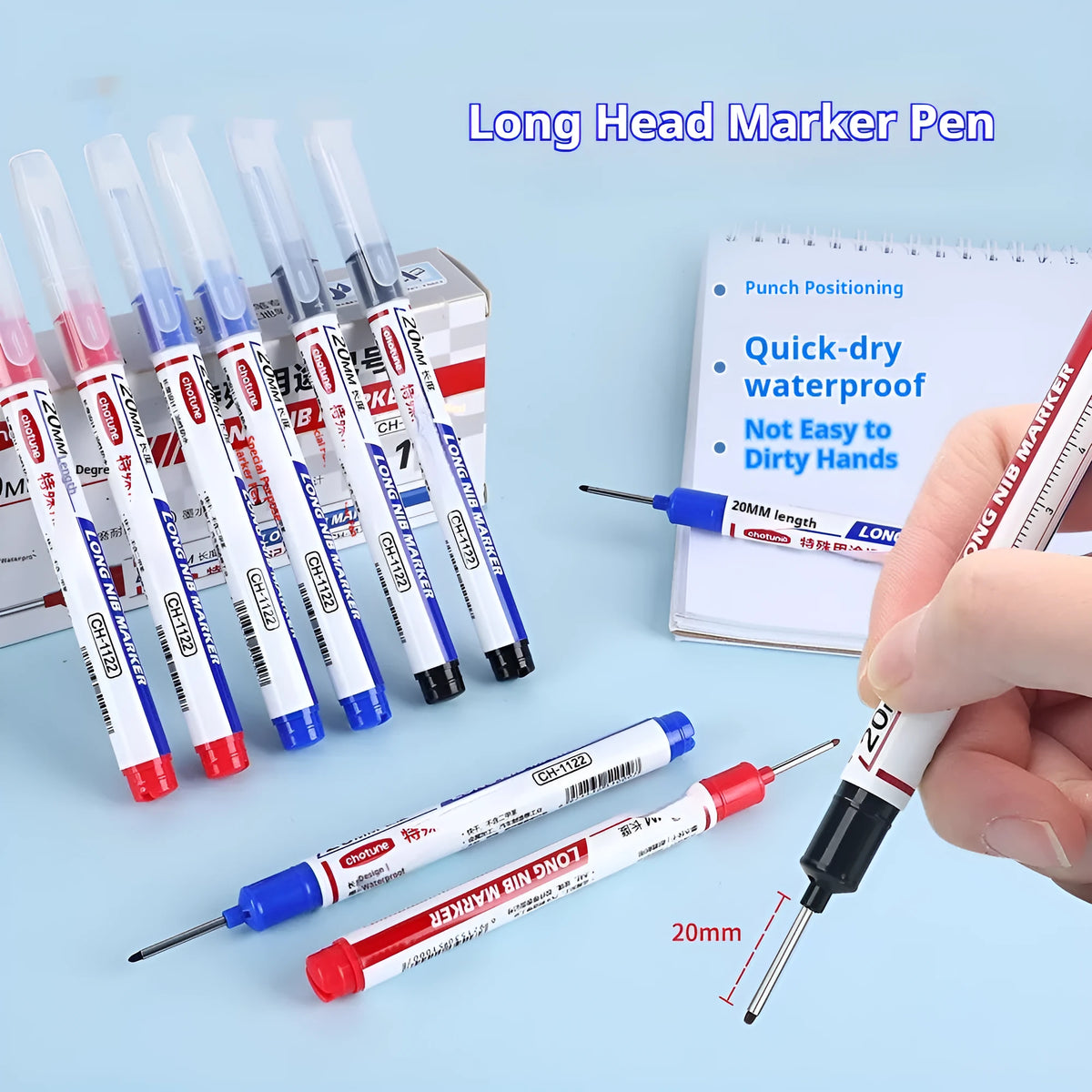 Set of 10 waterproof quick-drying woodworking tile markers with 20mm long pen head in black red and blue