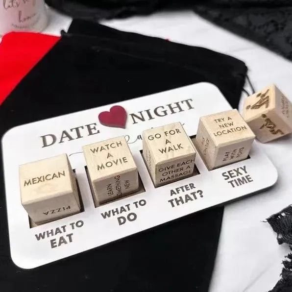 Wooden date night dice set for couples showing five dice, a rectangular planner board, and a black storage bag.