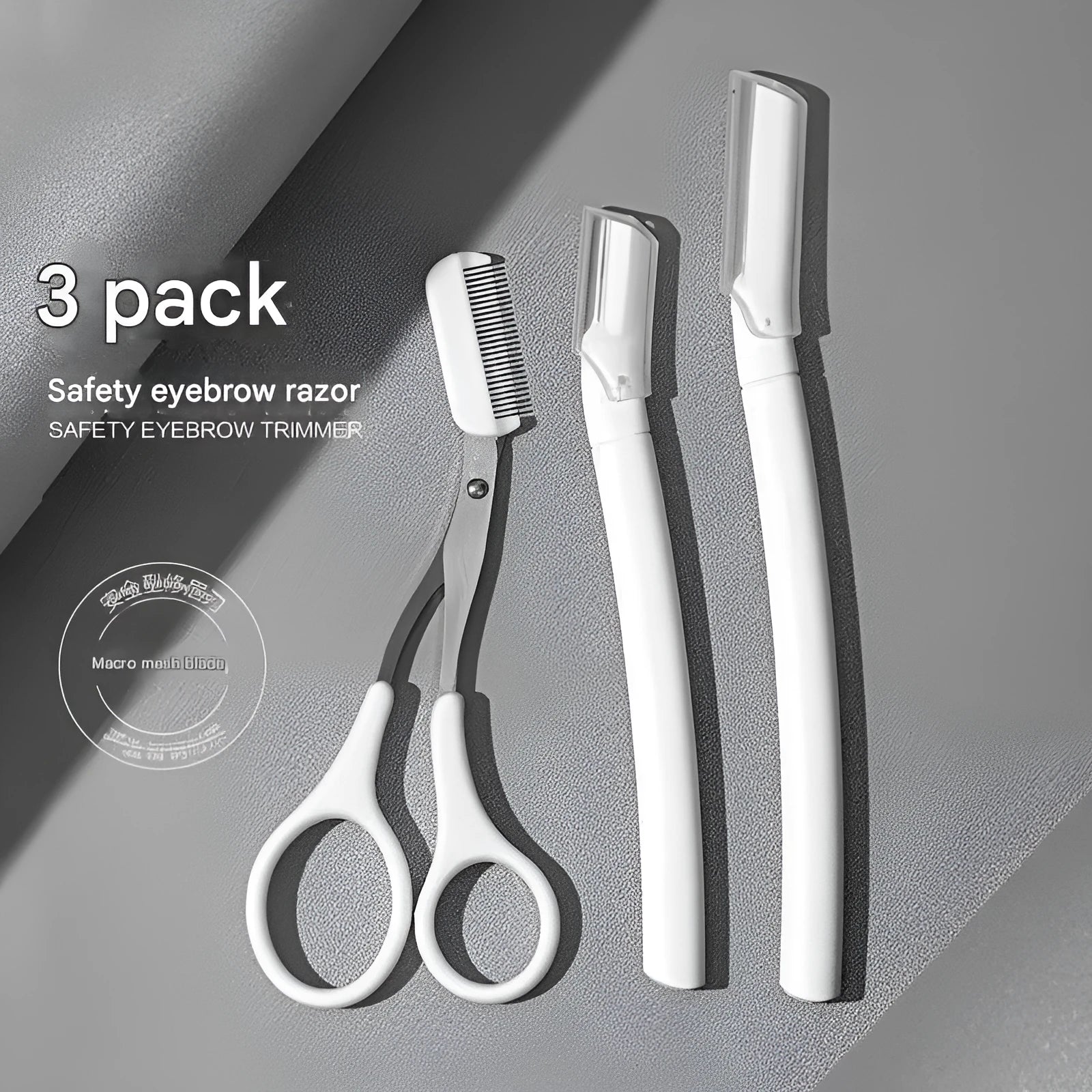 Eyebrow trimmer set with safety design, specialised razor blades, and ergonomic handle for precise brow grooming