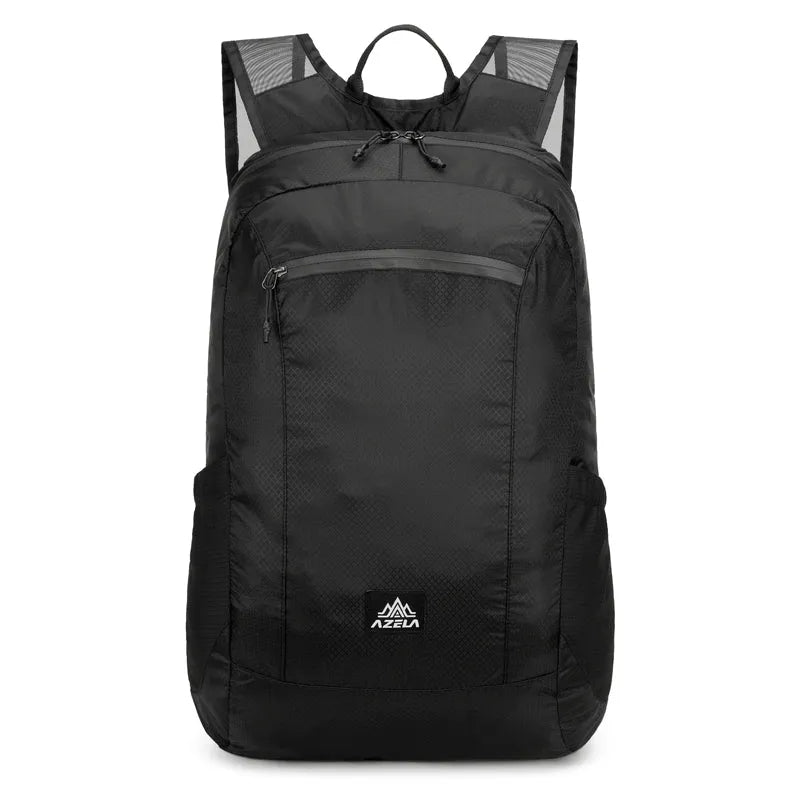 AZELA lightweight hiking backpack in white with multiple pockets and breathable mesh straps, outdoor travel daypack