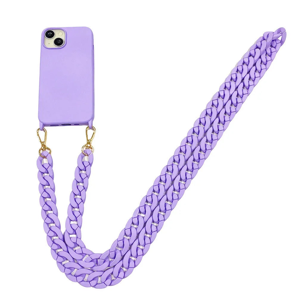 Frosted handle chain shoulder phone cover in liquid silicone for iPhone, shown in pink, purple and black