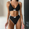 Women's grey embroidery contrast colour binding letters bikini set with sleeveless top and shorts