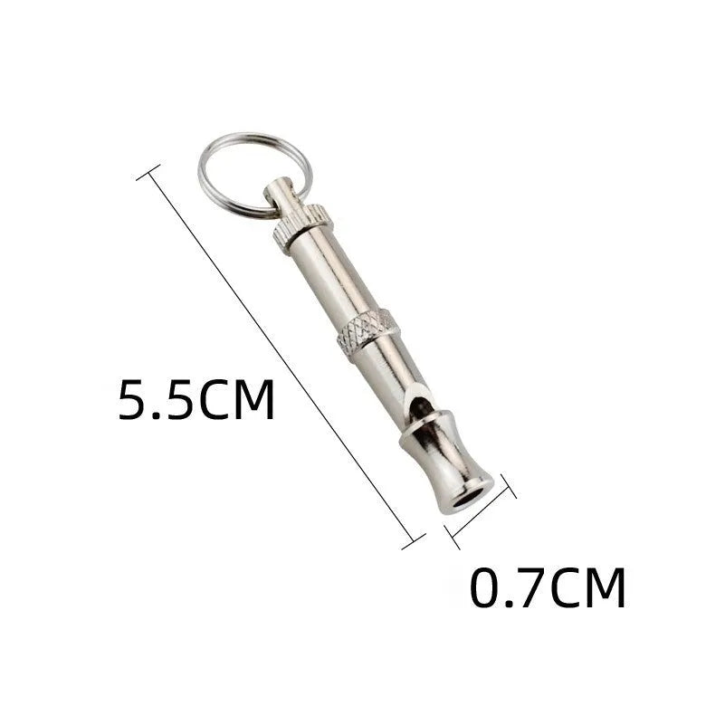 Metallic-coloured adjustable ultrasonic dog training whistle made from brass electroplated nickel.