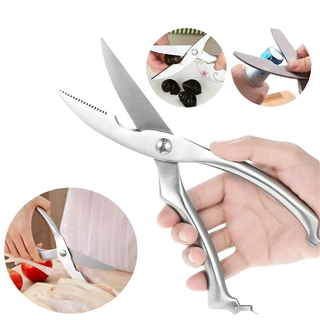Silver stainless steel poultry shears 9.8 inch with serrated blade and bone notch on cutting board