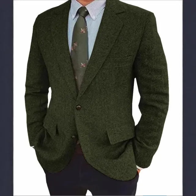 Brown herringbone pattern men's retro suit jacket with long sleeves on a hanger
