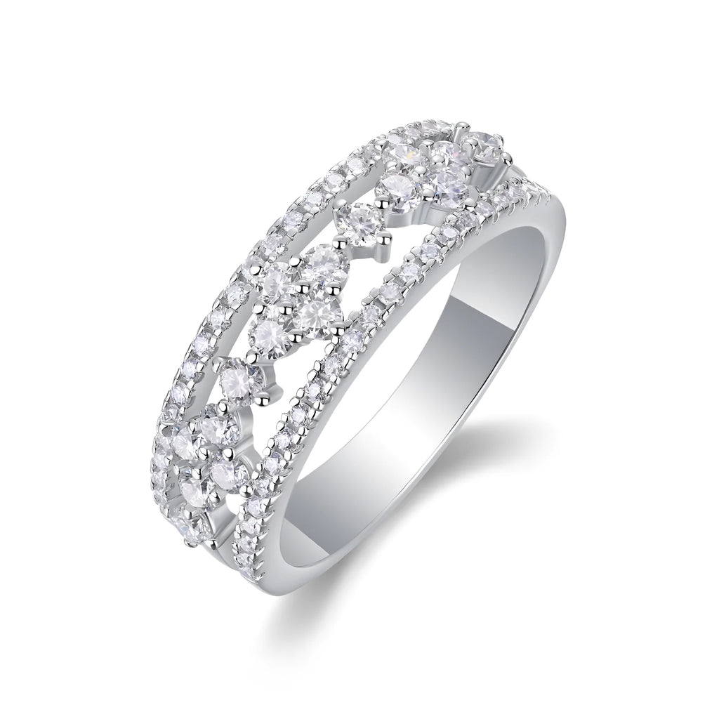 Moissanite wedding ring set on white background, S925 silver with platinum plating, ring size 7, includes GRA certificate and gift box
