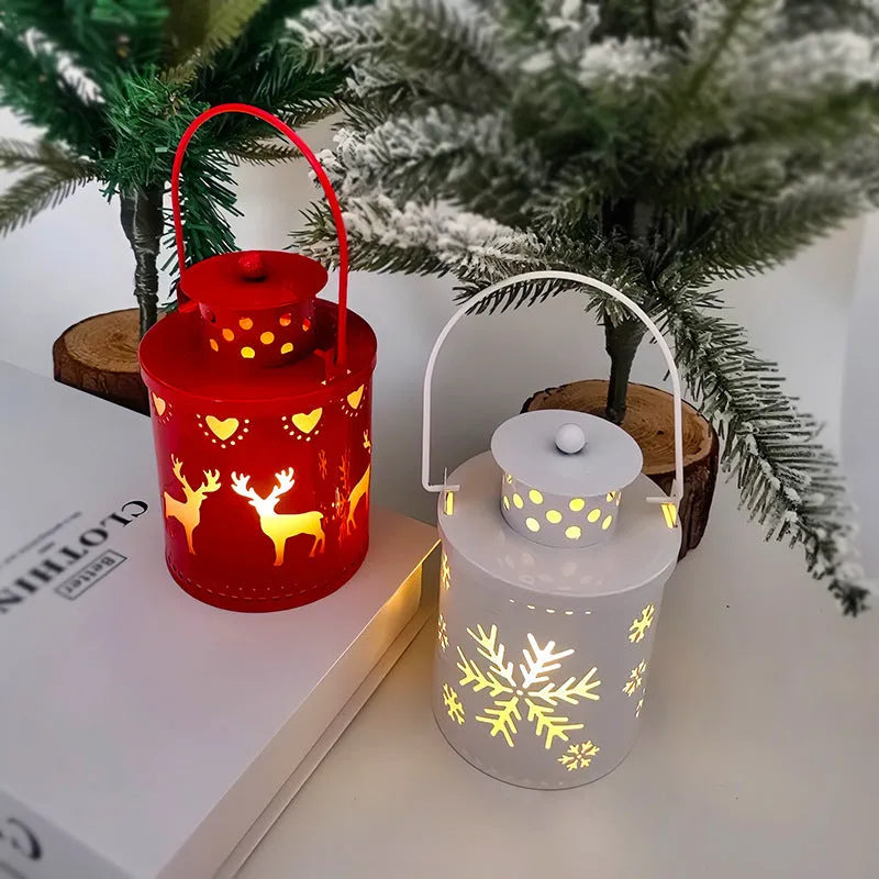 Nordic style LED Christmas candle lantern with wrought iron construction showing flickering light effect