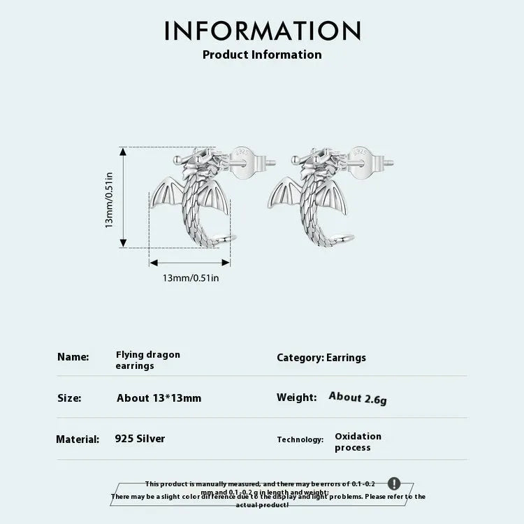 Women's handmade 925 silver oxidised flying dragon stud earrings, retro style, 13mm
