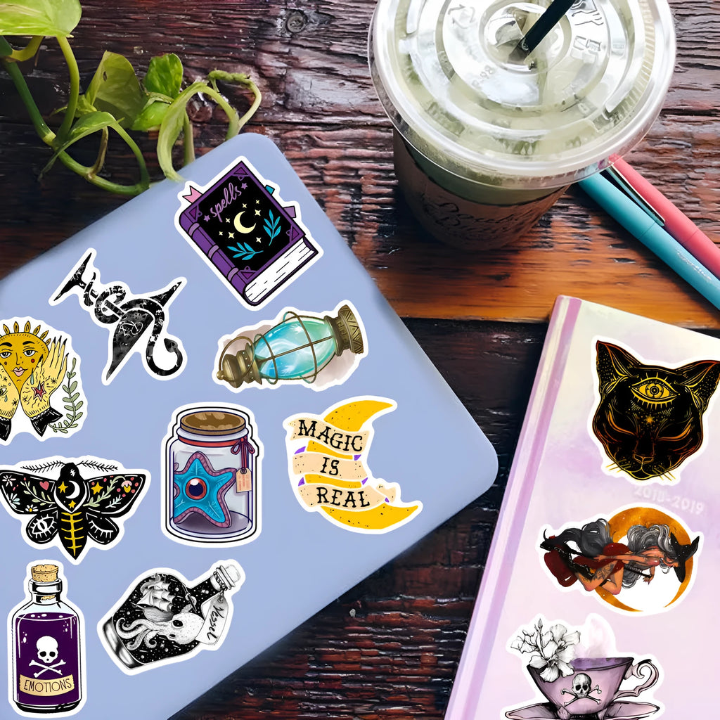 A pack of 50 colourful waterproof PVC graffiti stickers in various sizes from 3cm to 8cm.