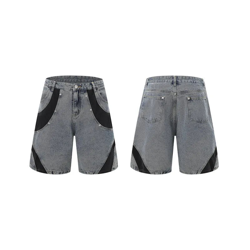Retro washed denim suit set with short-sleeved jacket and trousers in black or blue street style