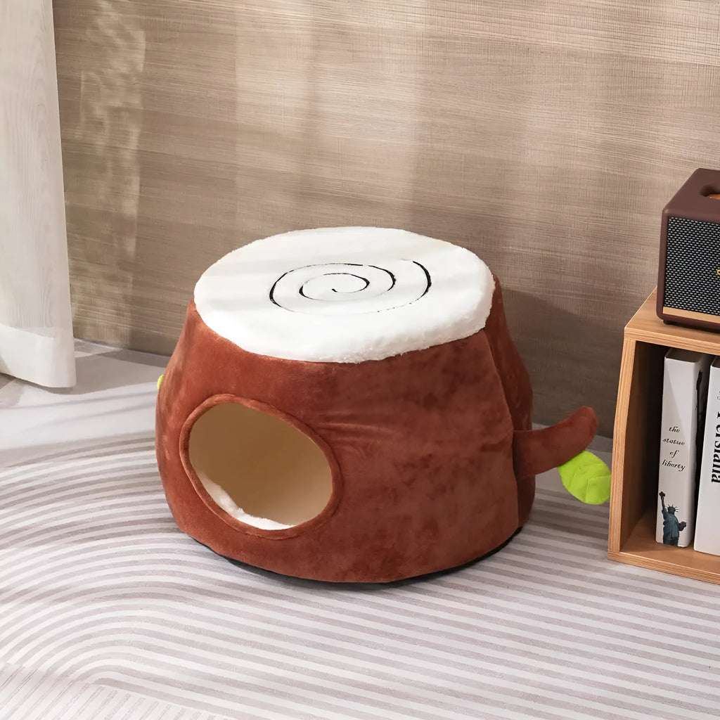 Four Season Universal Relief Pet Cat Nest in tree stump style with door, made from artificial rattan