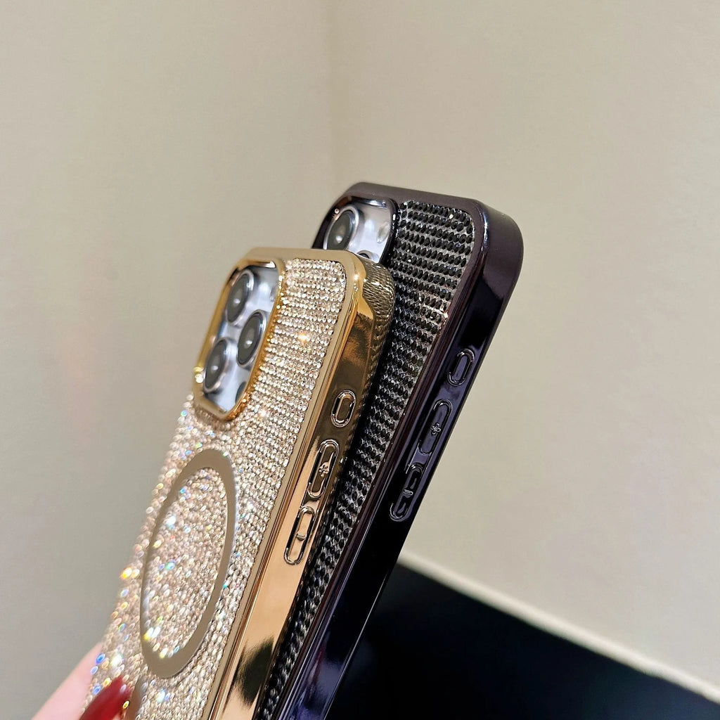 Rhinestone electroplating TPU phone case with diamond magnetic suction on a black iPhone model