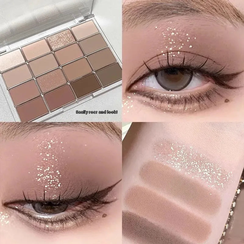 16 colour eye shadow palette with shimmer and matte finishes showing Crouching Silkworm design