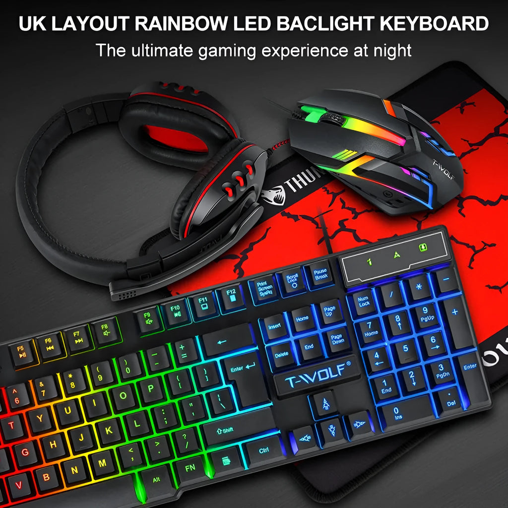 Thunder Wolf T800 four-piece gaming peripheral set showing keyboard, mouse, headset, and mouse pad