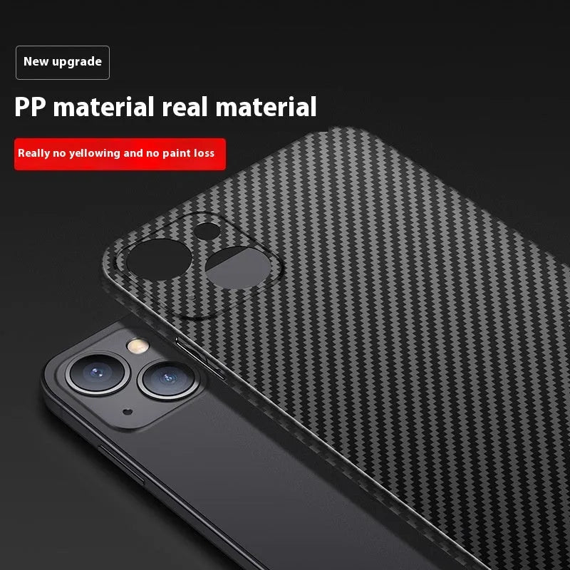 Black ultra-thin hard shell phone case with carbon fibre grain finish and anti-fingerprint PP rear cover.